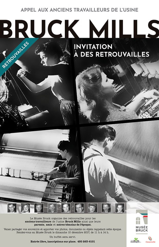 Affiche noir et blanc avec photos de travailleurs d'usine et titre : Invitation à des retrouvailles.