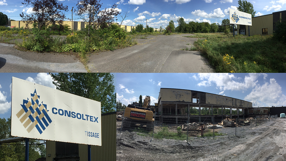 Montage of three color images showing a sign with the word Consoltex, a warehouse and a building being demolished