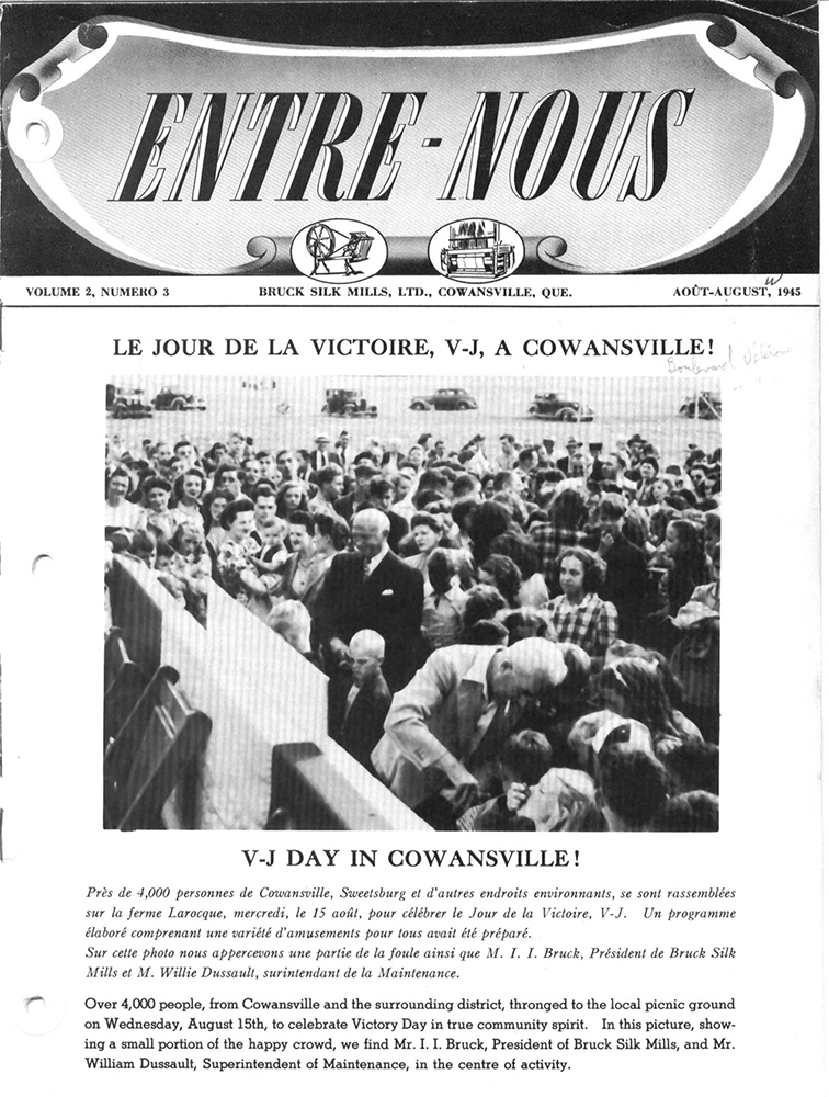 Page couverture du journal Entre-Nous avec titre : Le jour de la Victoire à Cowansville