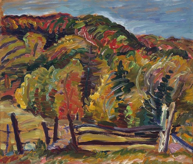 Peinture en couleur représentant de façon impressionniste  un paysage d'automne avec une clôture à l'avant-plan.