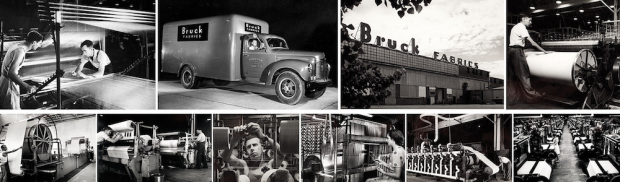 Série d'images noir et blanc montrant des travailleurs opérant des machines et une photo d'un camion
