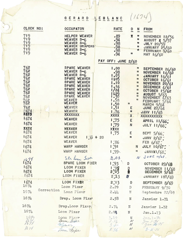 Feuille de paie d'un employé avec colonnes de chiffres et dates