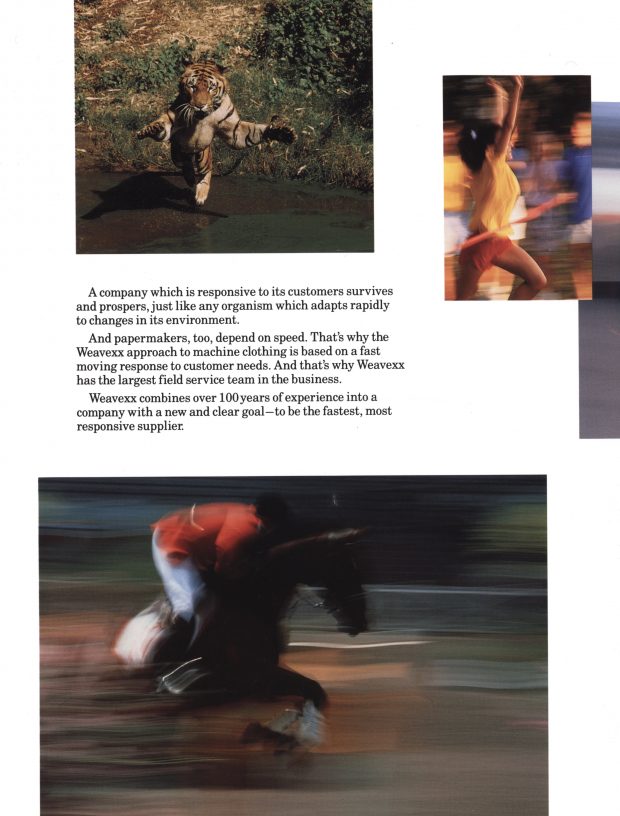 Page de brochure avec des images colorées de personnes et d'animaux en mouvement.
