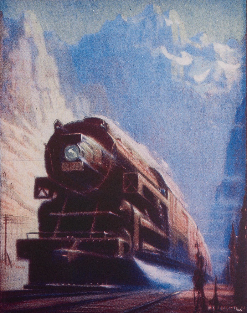 Pastel d’une locomotive roulant à vive allure dans un paysage montagneux.