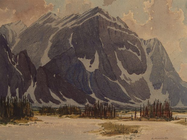 Aquarelle d’une montagne avec des arbres et de l’eau au premier plan.