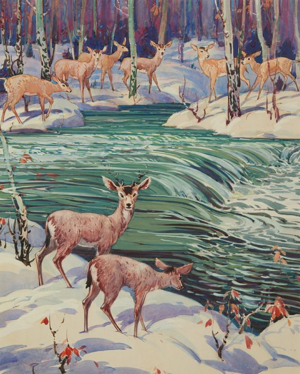 Gouache d’un troupeau de cerfs dans une forêt hivernale de part et d’autre d’une rivière.