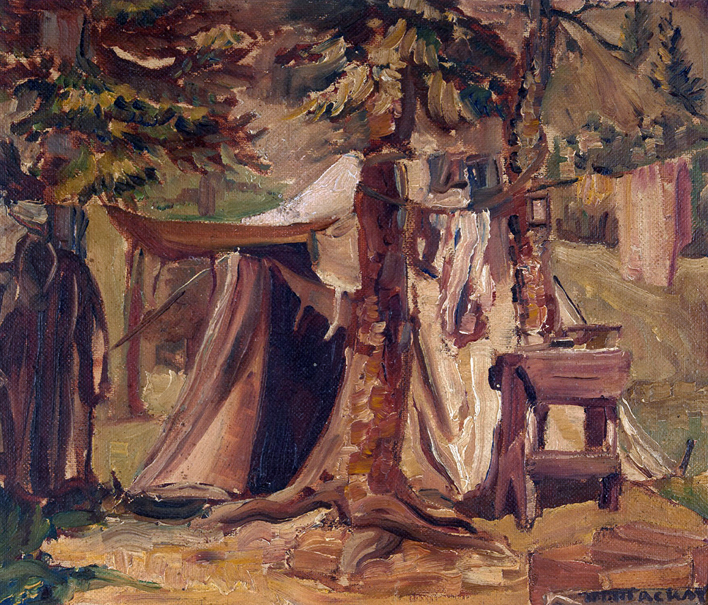 Peinture à l’huile d’une tente entre les arbres, avec du linge accroché au loin.