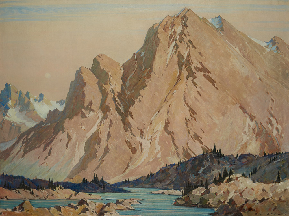 Peinture à l’huile d’une montagne avec une rivière au premier plan.