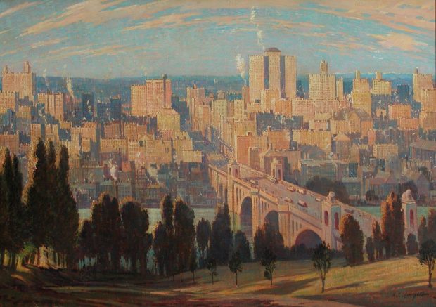 Peinture à l’huile, point de vue sur la ville au lever du soleil avec pont et rivière entre la ville et l’espace vert en contrebas. 