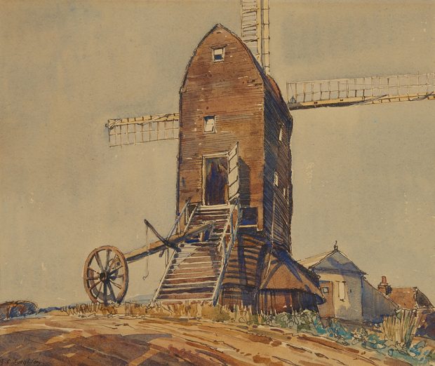 Aquarelle d’un moulin à vent anglais sur une colline.