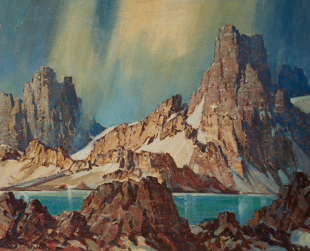 Peinture à l’huile de hautes montagnes et d’un ciel dramatique avec un lac et des rochers au premier plan.