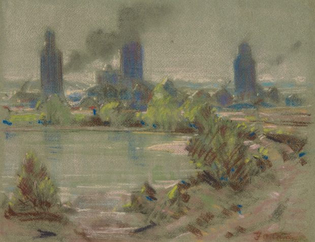 Dessin au pastel avec un petit lac au premier plan et une ville industrielle avec des élévateurs à grains à l’arrière-plan.