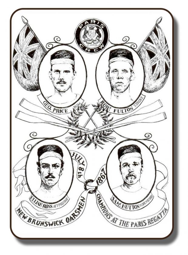 Image d’intronisation officielle utilisée par le Temple de la renommée sportive du Nouveau-Brunswick. Il s’agit d’un croquis en noir et blanc contenant quatre ovales, aux quatre coins, dans lesquels on a dessiné le portrait individuel des membres de l’équipage. Au centre de l’image, on voit une couronne en feuille de figuier et deux paires de rames se croisant au milieu. Dans le haut de l’image, on voit l’écusson de l’équipage de Paris flanqué de deux drapeaux britanniques du temps du Commonwealth, tels qu’ils étaient en 1867, à l’époque de l’équipage de Paris. Sous le portrait fait au croquis de chacun des membres, on indique leur nom et leur position au sein de l’équipage. Un ruban porte l’inscription « July 8, 1967, New Brunswick Oarsmen, Champions at the Paris Regatta » (8 juillet 1867. Rameurs du Nouveau-Brunswick, champions de la régate de Paris).