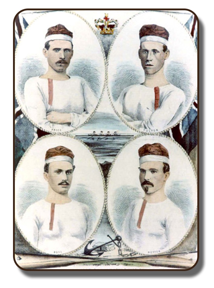 Image d’intronisation officielle utilisée par le Panthéon des sports canadiens. Ce croquis en couleur contient le portrait de chacun des quatre membres dans un ovale aux quatre coins de l’image. Ils portent leur bonnet d’aviron habituel et un chandail blanc à manches longues avec une unique ligne verticale rouge sur le devant. Au centre de l’image, on voit les quatre hommes qui rament ensemble dans un aviron. Dans le haut de l’image et au centre, on voit une couronne flanquée de deux drapeaux britanniques du temps du Commonwealth, tels qu’ils étaient en 1867. Sous le portrait fait au croquis de chacun des membres, on indique leur nom de famille. Dans le bas de l’image et au centre, on voit une ancre et sa chaine.