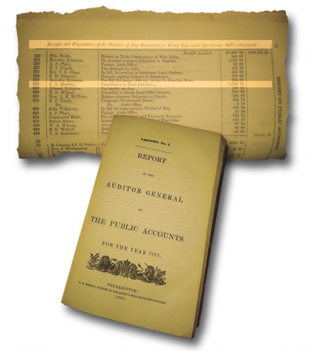 Image du livre intitulé Report of the Auditor General on The Public Accounts for the year 1867 (Rapport du vérificateur général des comptes publics pour l’année 1867). Une image secondaire montre ce même livre, ouvert, et met en évidence un élément particulier qui concerne l’équipage de Paris. L’article no 305 du registre montre que 2500 $ ont été versés à Sherriff J. A. Harding pour l’inscription à l’exposition de Paris.