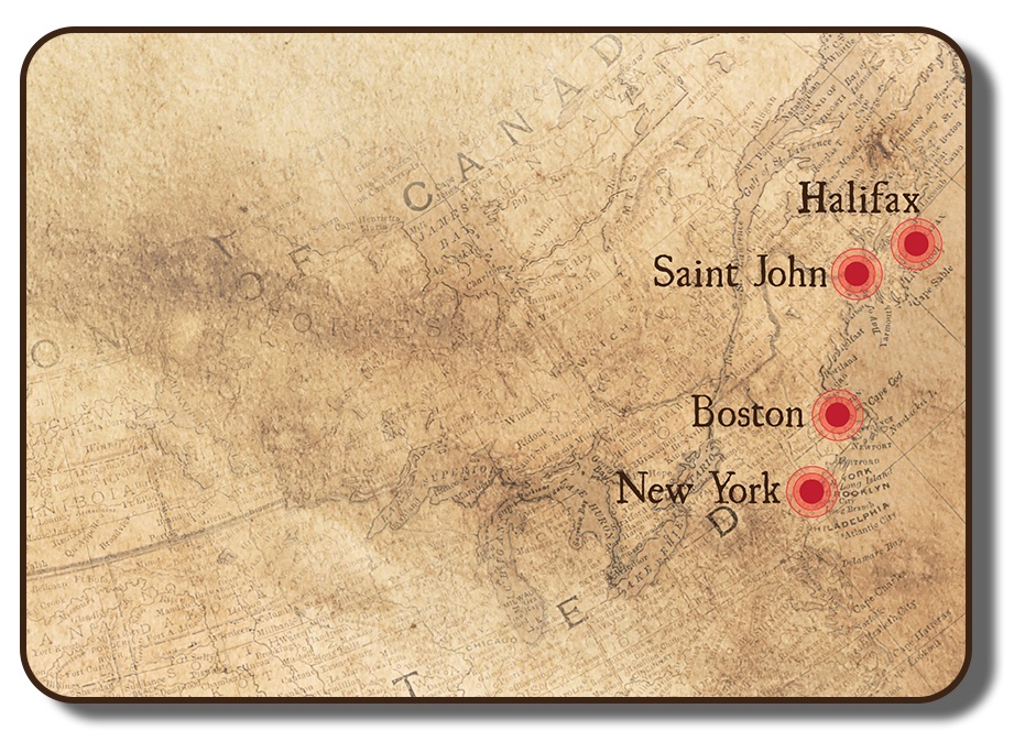 Image d’une carte antique de la côte est de l’Amérique du Nord, incluant la Nouvelle-Écosse au nord et la Virginie au sud. Les quatre principales villes portuaires sont indiquées : Halifax en Nouvelle-Écosse, Saint John au Nouveau-Brunswick, Boston aux Massachusetts et New York City.