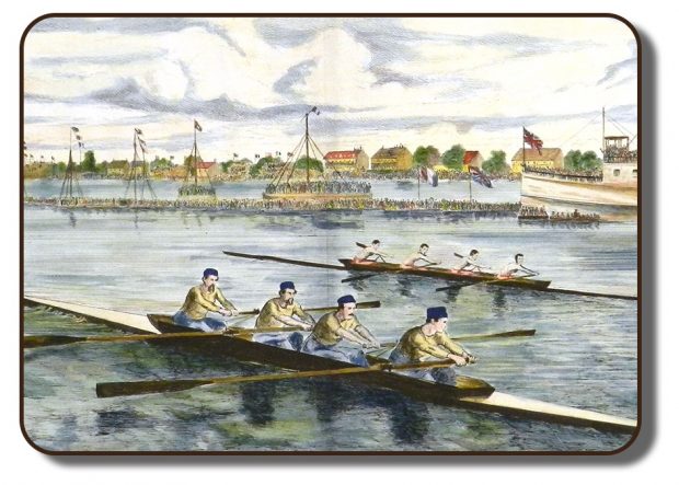 Image d’une peinture en couleur montrant l’équipage de Paris, connu sous le nom d’équipage de Carleton avant la victoire à la Régate internationale d’aviron de Paris, en France, en 1867, se mesurant à l’équipage de Tyne. Les deux avirons à quatre rameurs font la course sur un cours d’eau et on distingue de nombreux spectateurs en arrière-plan. Les membres de l’équipage de Paris portent un chandail blanc et des pantalons rouges alors que les membres de l’équipage de Tyne portent un chandail jaune, des bonnets d’aviron bleus et des pantalons agencés. Sur les rives, on voit divers bâtiments et un autre navire est amarré; des spectateurs sont sur le pont et le drapeau britannique est hissé au mât.