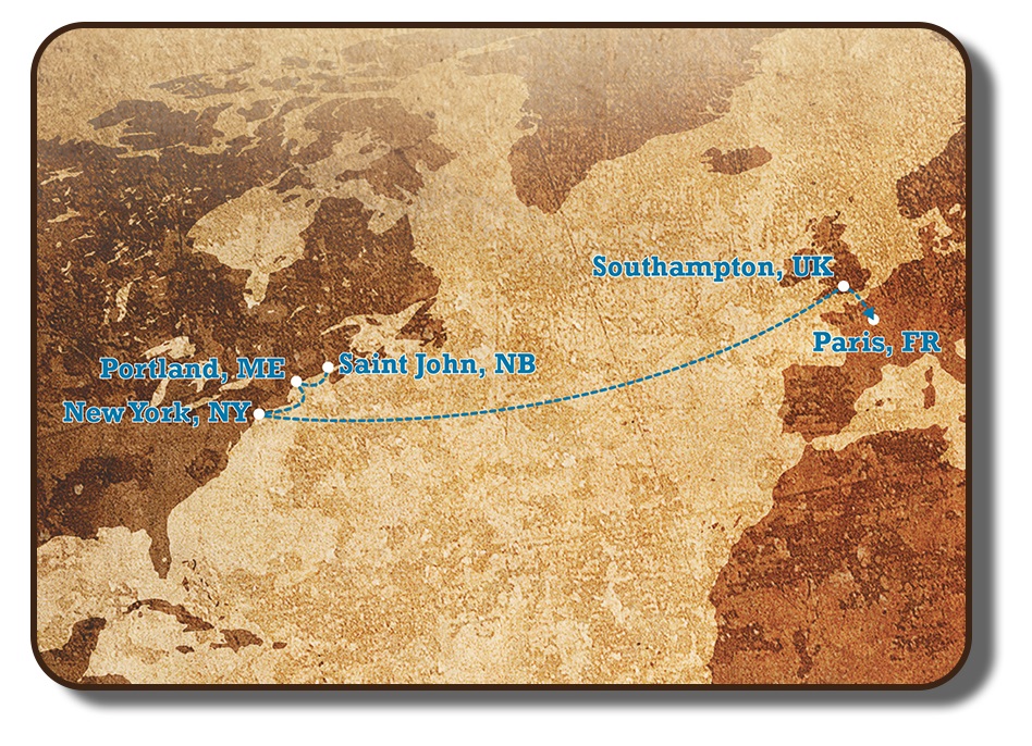 Image d’une ancienne carte de l’océan Atlantique montrant une partie de la côte est de l’Amérique du Nord à gauche et l’Europe de l’Ouest et l’Afrique du Nord-Est à droite. Les ports de destination que l’équipage de Paris aurait visités lors de son voyage transatlantique de Saint John, au Nouveau-Brunswick, à Paris, en France, sont indiqués, et une ligne pointillée relie chacune de ces villes portuaires.
