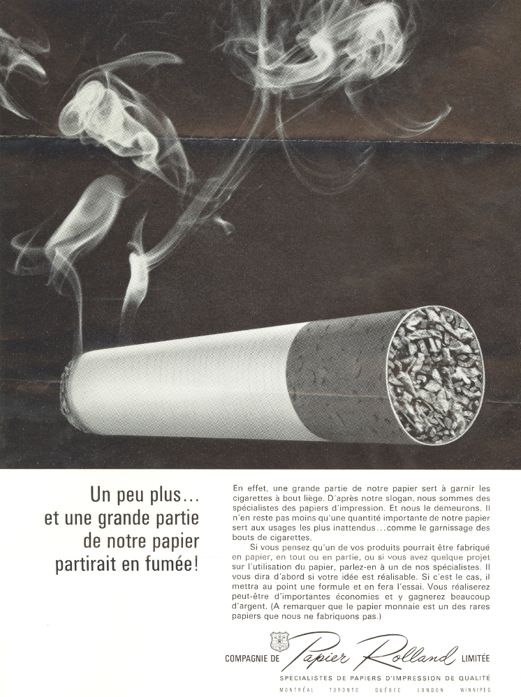 Affiche en noir et blanc illustrant une cigarette allumée, accompagnée d’un texte d’informations sur les produits de la compagnie. 