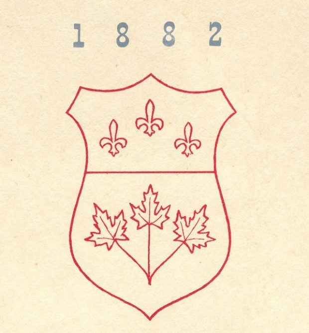 Image de couleur rouge sur papier jauni représentant un logo de la compagnie. 