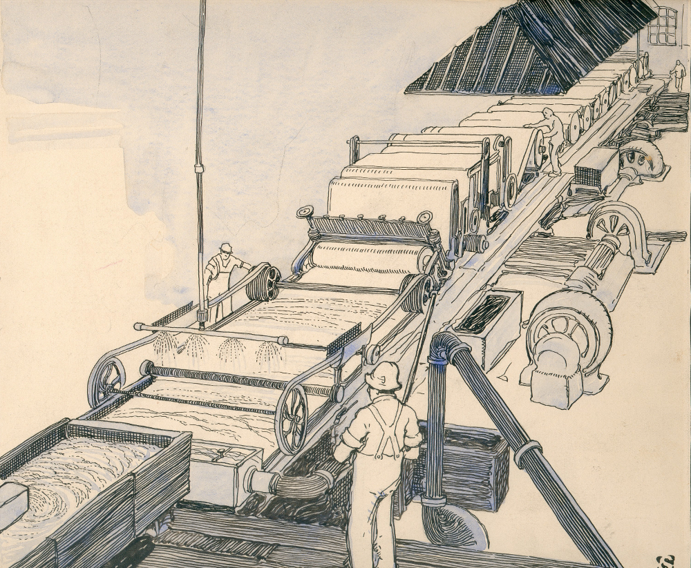 Dessin représentant une machine à papier. On aperçoit des ouvriers de chaque côté de celle-ci, ainsi que ses différentes sections.