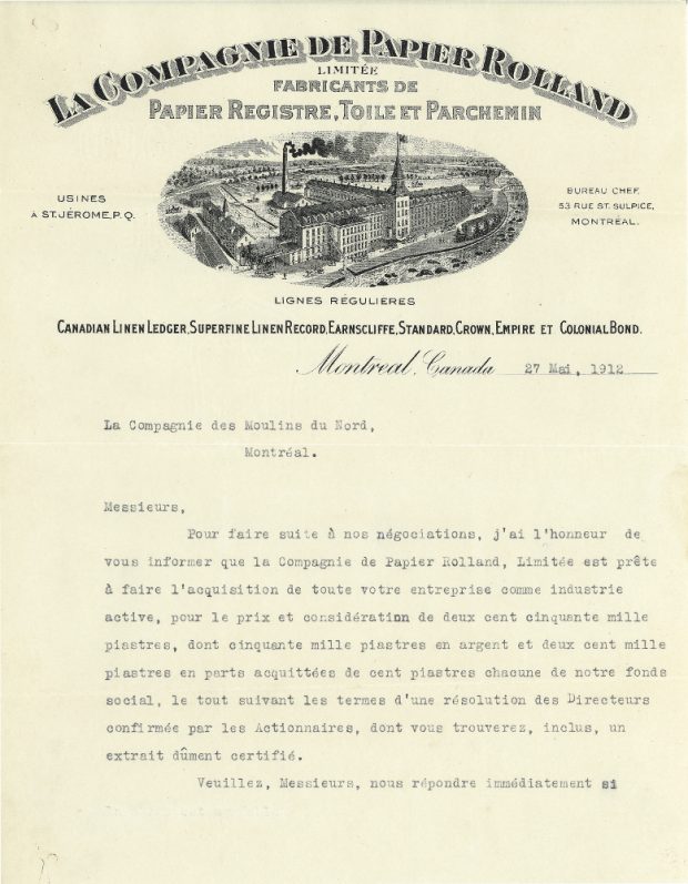 Lettre dactylographiée sur un papier légèrement jauni. En haut, on peut y voir le nom de la Compagnie Rolland Limitée, l’adresse du siège social, une image de l’usine et la date de la lettre. En dessous se trouve le message de la lettre. 