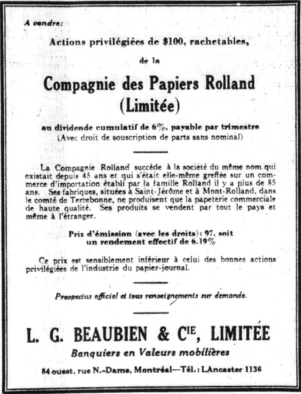 Publicité sur la vente d’actions. On y trouve des informations sur le prix et les taux d’intérêt, en plus d’un résumé de l’histoire de la compagnie. 