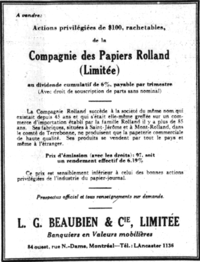 Publicité sur la vente d’actions. On y trouve des informations sur le prix et les taux d’intérêt, en plus d’un résumé de l’histoire de la compagnie. 