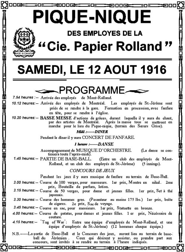 Affiche en noir et blanc annonçant le pique-nique de la compagnie en 1916. On peut y lire l’horaire des activités se déroulant cette journée. 