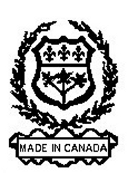 Image en noir et blanc représentant un logo de la compagnie, avec la mention « Made in Canada ». 