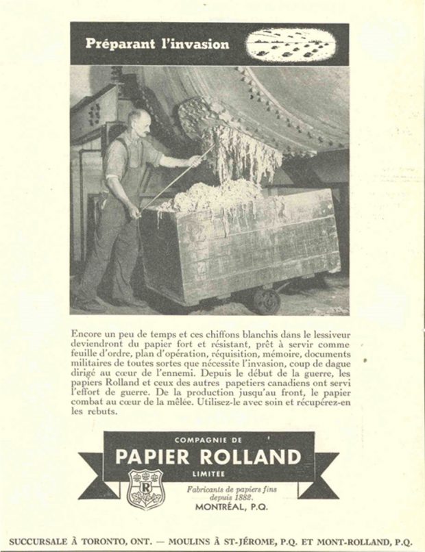 Publicité illustrant un homme en train de vider un réservoir de chiffon. Le texte et le logo de la compagnie sont sous l’illustration. 