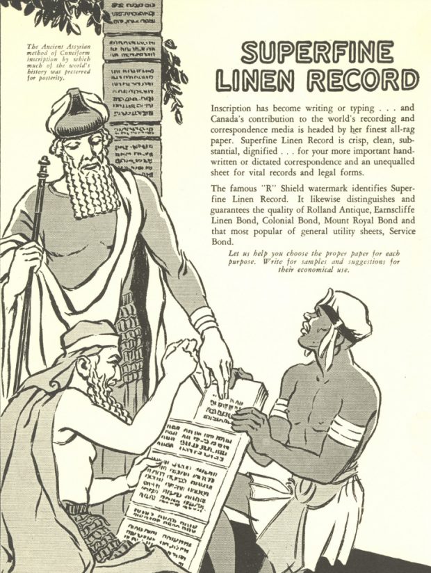 Publicité en anglais illustrant des personnages antiques taillant des symboles sur des tablettes d’argile. 