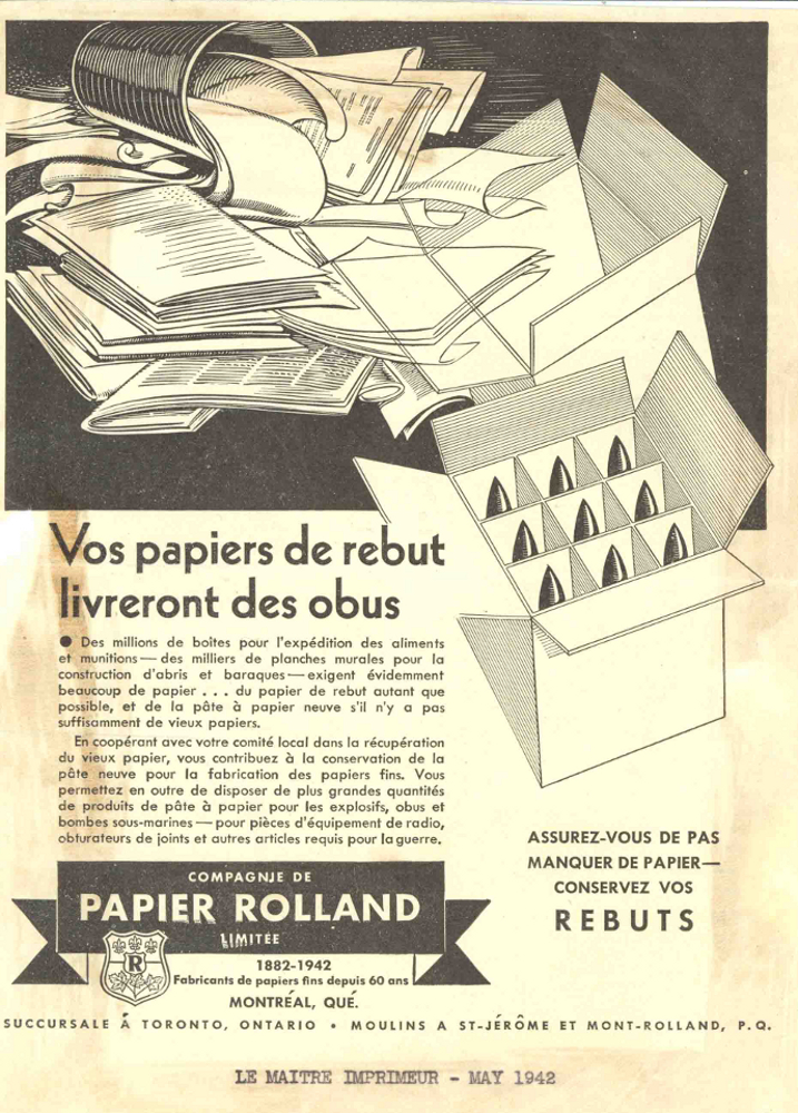 Publicité représentant des feuilles usagées et une boîte d’obus; le texte explique le recyclage du papier en temps de guerre. 