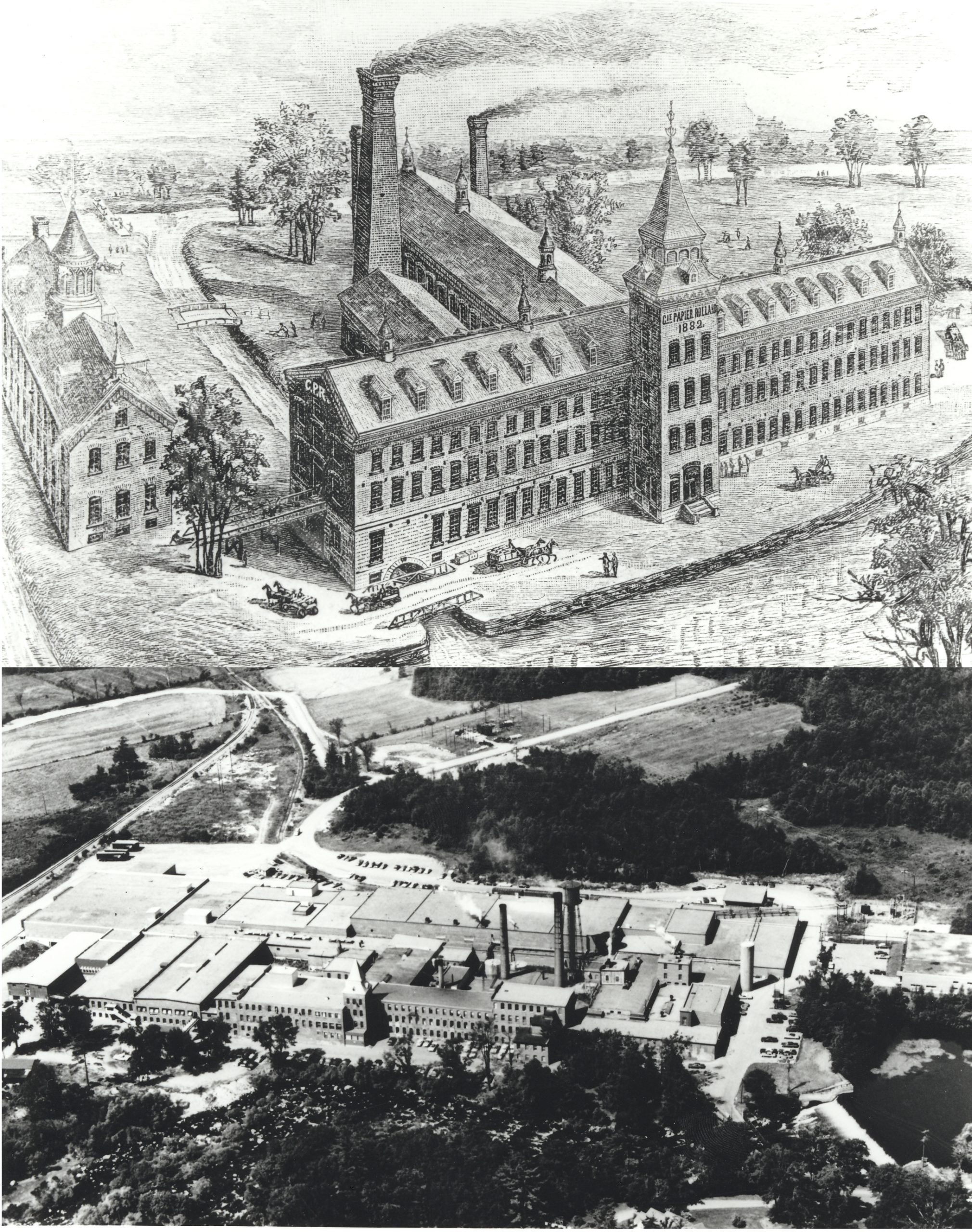 Montage en noir et blanc d’une gravure et d’une photographie aérienne représentant l’usine et ses différents bâtiments. 
