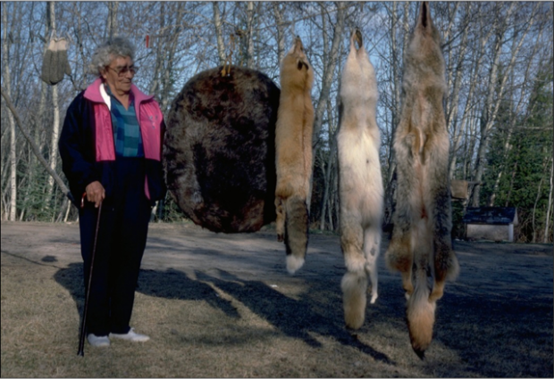 Une vieille Katie Sanderson se tient à côté de quatre fourrures différentes, l'une ronde et brune, les trois autres sont des fourrures de renard, de taille variable.