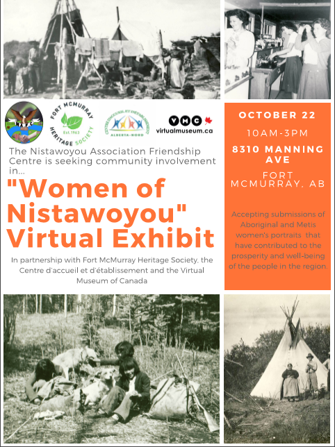 Un prospectus pour l'exposition virtuelle des femmes de Nistawoyou avec le logo des quatre au-dessus d'une photo en noir et blanc de personnes.