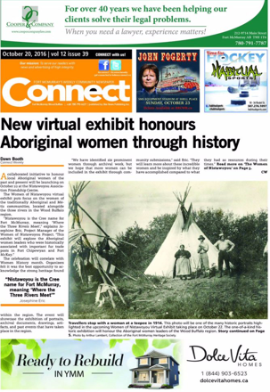 Journal Connect daté du 28 octobre 2016 avec le titre Nouvelle exposition virtuelle honore les femmes autochtones à travers l'histoire et photo en noir et blanc d'un tipi avec une femme et deux hommes debout devant, entourés d'une publicité locale.