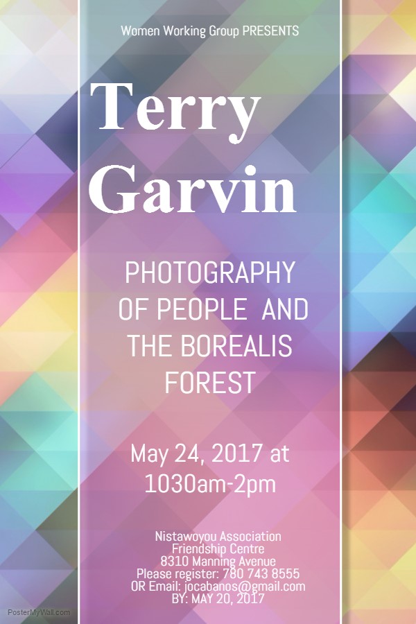Un dépliant coloré de couleur pastel de rose, violet, bleuté, vert, jaunâtre avec les informations suivantes Le groupe de travail féminin présente Terry Garvin Photography le 24 mai 2017.