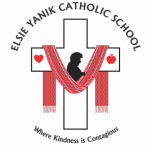 Logo de l'école Elsie Yanik Catholic School, il est inscrit Là où la gentillesse est contagieuse. Dans le milieu, une croix avec la silhouette d'Elsie, une ceinture traditionnelle métis est drappée sur la croix, un coeur et une pomme de chaque côté de la croix. 