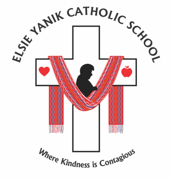 Logo de l'école Elsie Yanik Catholic School, il est inscrit Là où la gentillesse est contagieuse. Dans le milieu, une croix avec la silhouette d'Elsie, une ceinture traditionnelle métis est drappée sur la croix, un coeur et une pomme de chaque côté de la croix. 