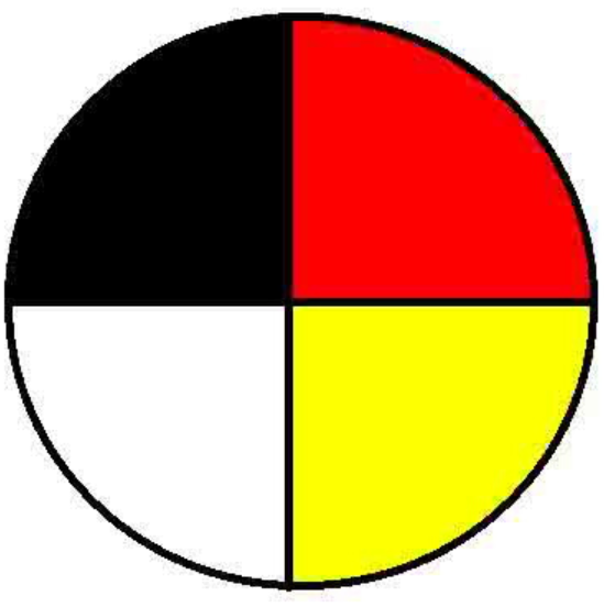 Image d'un cercle coloré divisé en 4 quadrants de 4 couleurs, blanc, noir, rouge et jaune.