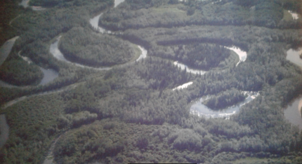 Photo aérienne d'une rivière sinueuse dans la forêt. boréale.