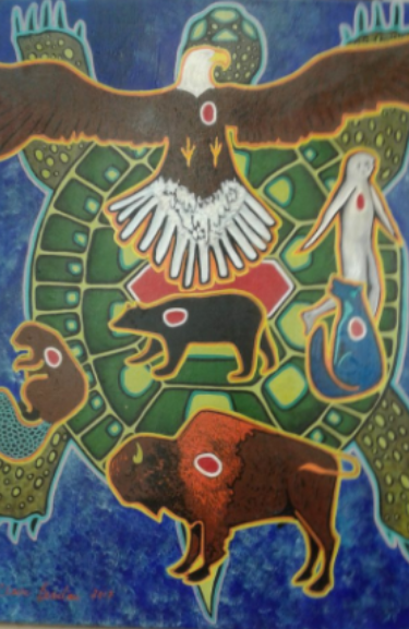 Une peinture colorée d'animaux symboliques des sept enseignements sacrés, avec un aigle, un ours noir, un castor brun, un loup bleu, un bison brun et un bison rouge, et une femme fantôme sur le dos d'une tortue.