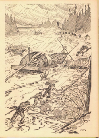 Dessin représentant des hommes traversant les rapides d'une rivière en chaland sous une pluie battante, certains sur le bateau et beaucoup d'autres marchant sur une rive rocheuse.