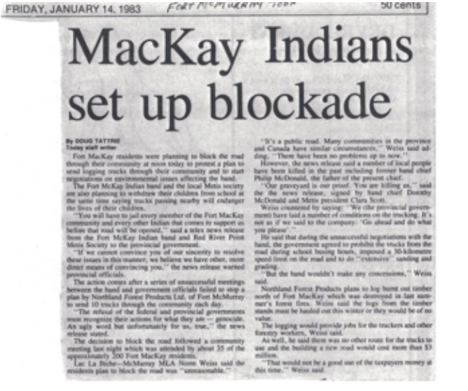 Article de journal du Fort McMurray Today, du 14 janvier 1983 titré Les Indiens de McKay érigent une barrière