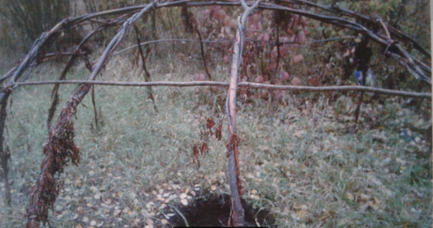 Les branches sont pliées pour former une structure en forme de hutte dans la forêt, un trou est creusé dans le sol au centre.