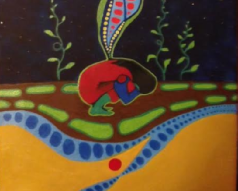Une peinture colorée d'une femme vêtue de rouge, se blottissant et se serrant contre ses genoux, des plantes vertes sortant du sol en toile de fond, du vert citron, des bleus électriques avec des bruns clairs et foncés soulignent une grande partie de la toile.