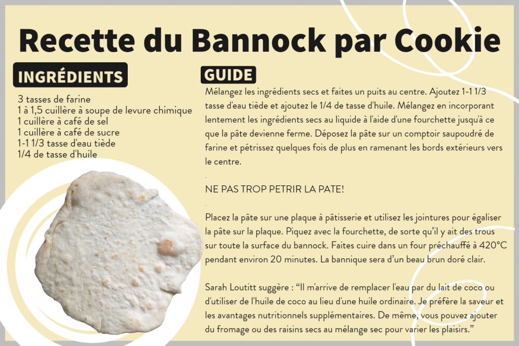 Montage présentant une recette intitulée Cookie's Famous Bannock, qui indique la liste des ingrédients et le guide pour faire du bannock.