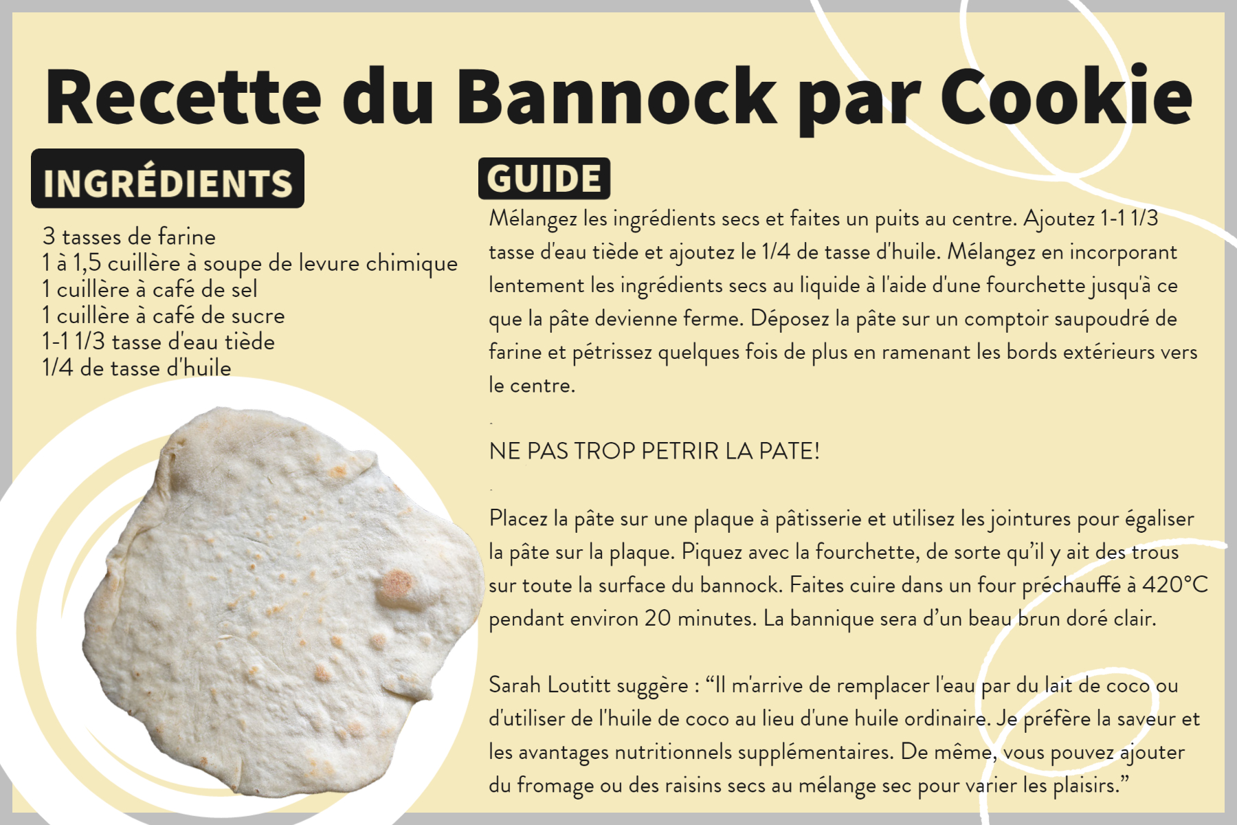 Montage présentant une recette intitulée Cookie's Famous Bannock, qui indique la liste des ingrédients et le guide pour faire du bannock.