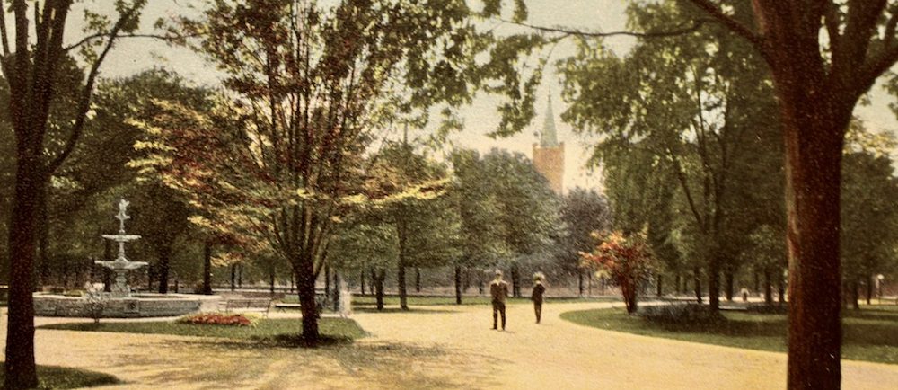 Carte postale d'un parc. On voit un efontaine à gauche et la tour d'une église en arrière plan. Inscription Vue dans le parc Victoria, London, Ont., en bas, à droite.